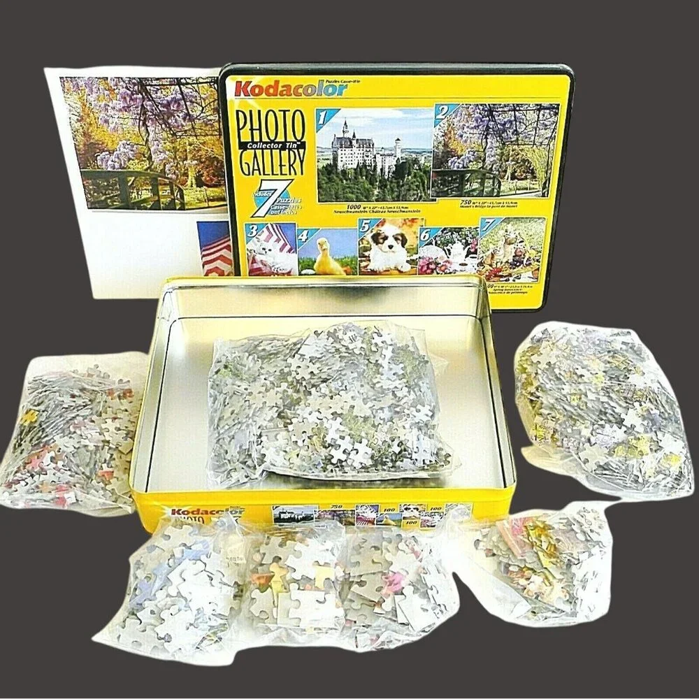 Vintage 7 NEW Sealed Jigsaw Puzzles Kodacolor Photo Gallery in Collectors Tin
